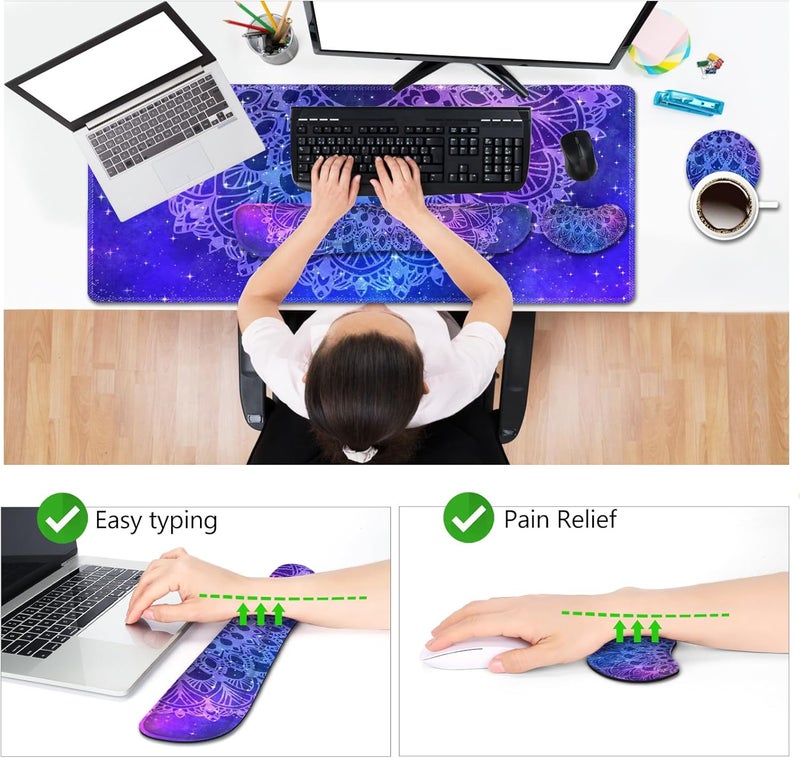 AIMSA Keyboard Mouse Pad Set, Large Gaming Mouse Pad +Wrist Rest Mouse Pad +Keyboard Wrist Support +Coaster, 35x15.7 inch Extended Desk Mat for Easy Typing Pain Relief (Blue Purple Mandala) - Image 5
